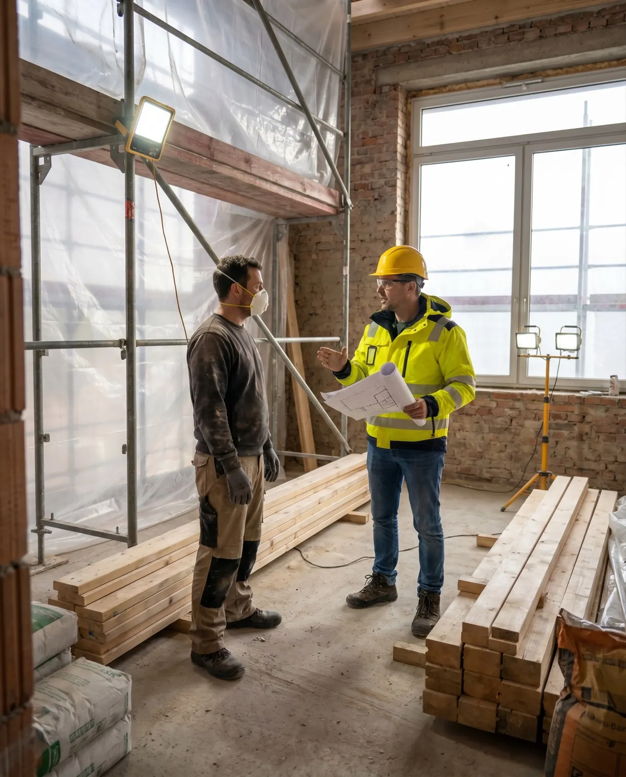 Aufgeräumte Baustelle mit Gerüst, gestapeltem Holz und Bauleiter mit Plänen