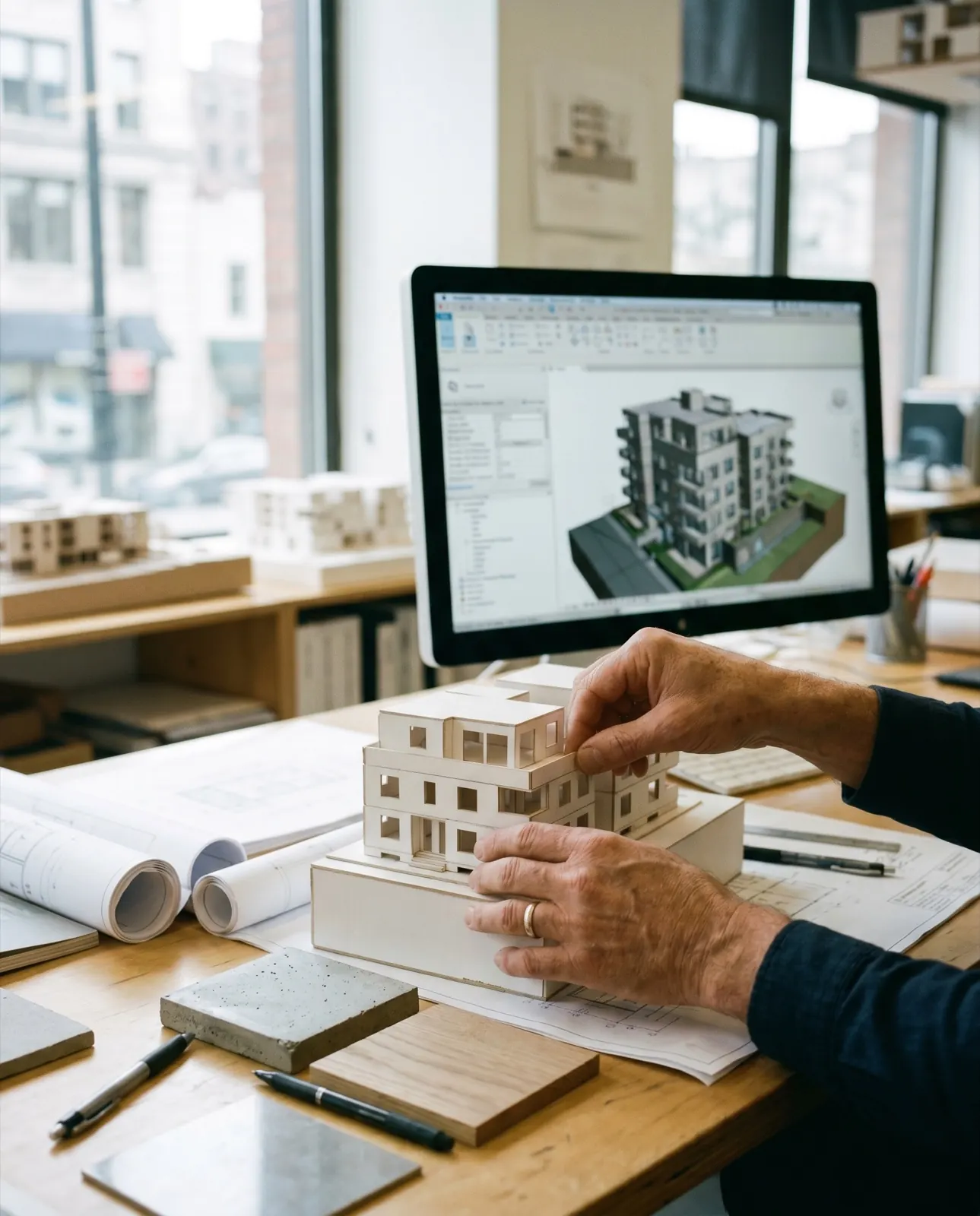 Architekturmodell eines Wohngebäudes mit Bauplänen und Materialmustern