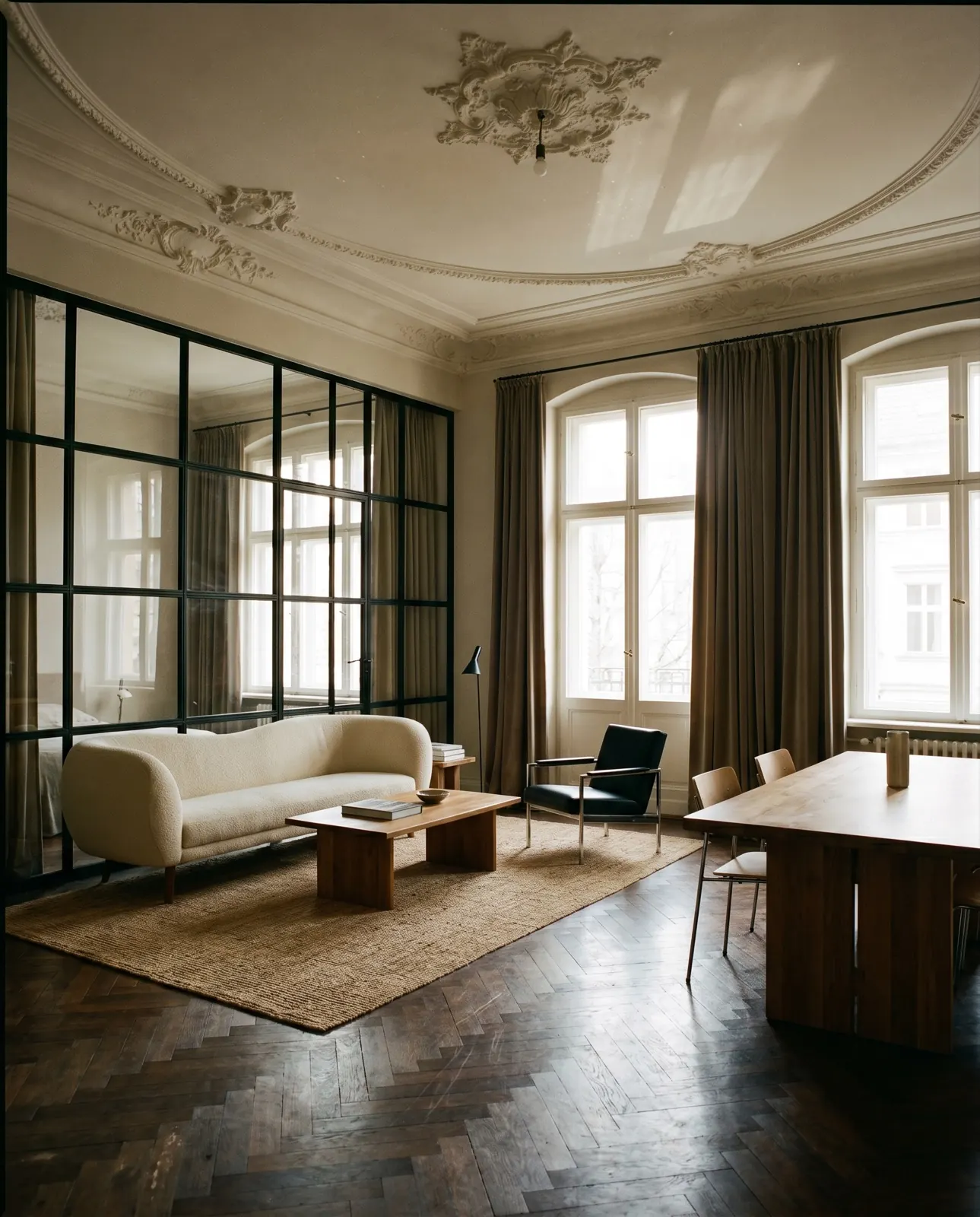 Revitalisierter Altbau mit restaurierter Stuckdecke und hohen Fenstern
